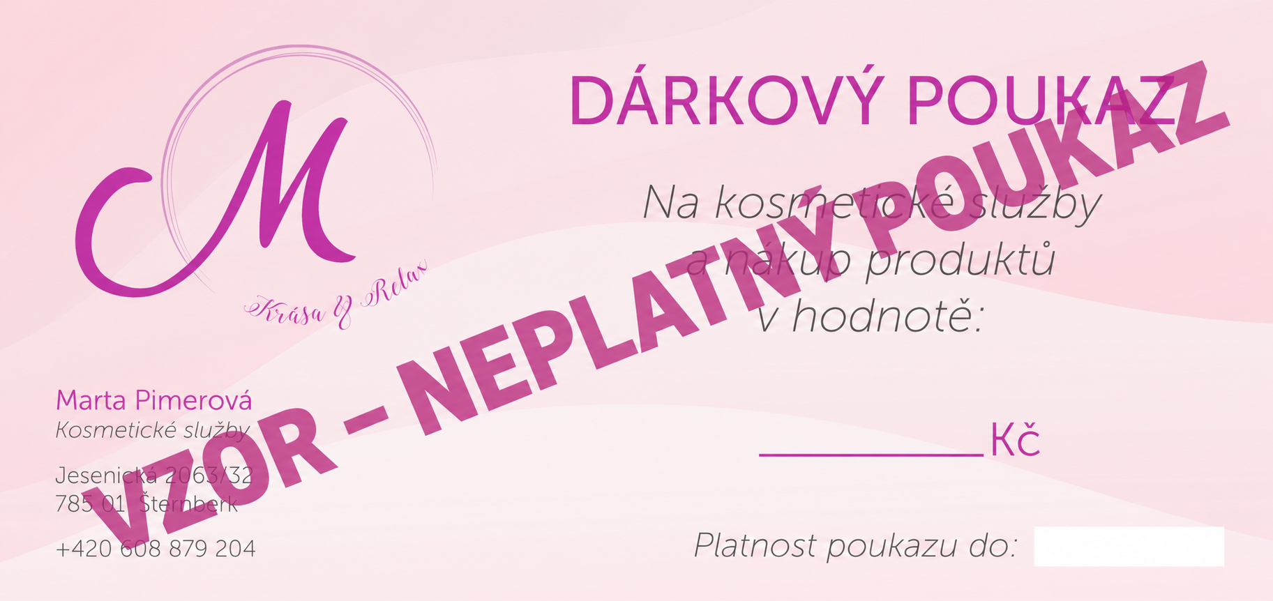 Ukázka dárkového poukazu s označením VZOR – NEPLATNÝ POUKAZ
